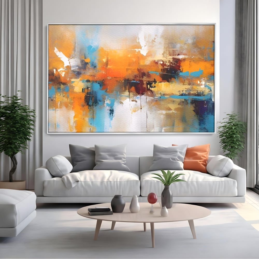 Tablou canvas cu tablou canvas abstract orizontal, in rama de aluminiu argintiu, pe perete intr-un living